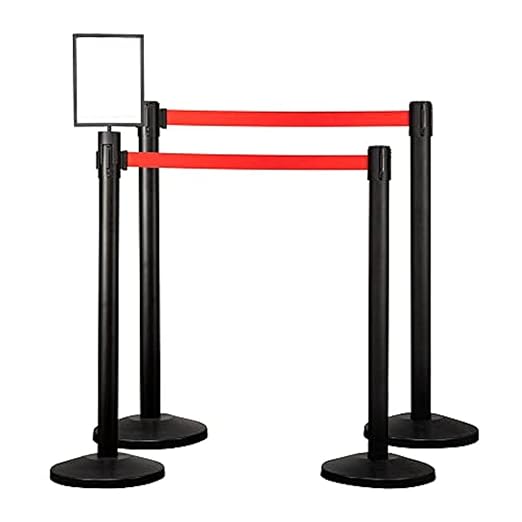 Qbuster Black Stanchions with Retractable Belts, Crowd Control Safety Barrier with 11’ Red Belts, 1 Sign Holder, Set of 4 Posts