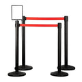 Qbuster Black Stanchions with Retractable Belts, Crowd Control Safety Barrier with 11’ Red Belts, 1 Sign Holder, Set of 4 Posts