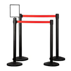 Qbuster Black Stanchions with Retractable Belts, Crowd Control Safety Barrier with 11’ Red Belts, 1 Sign Holder, Set of 4 Posts