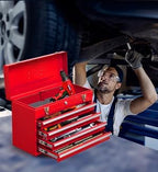 4 Drawers Metal Tool Box Portable Steel Tool Chest with Metal Latch Closure & Key Lock, 20" Powder Coating Top Storage Tray Toolbox with Handle, Suitable for Repair Shop & Garage (Red)