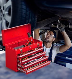 4 Drawers Metal Tool Box Portable Steel Tool Chest with Metal Latch Closure & Key Lock, 20" Powder Coating Top Storage Tray Toolbox with Handle, Suitable for Repair Shop & Garage (Red)