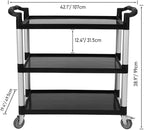 Heavy Duty 360 Restaurant Cart, 42'Wx20'Dx39'H, 3-Shelf Plastic, Lockable Wheels, Extra Large for Foodservice/Restaurant/Cleaning (Black)