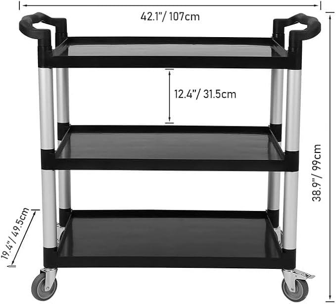 Heavy Duty 360 Restaurant Cart, 42'Wx20'Dx39'H, 3-Shelf Plastic, Lockable Wheels, Extra Large for Foodservice/Restaurant/Cleaning (Black)