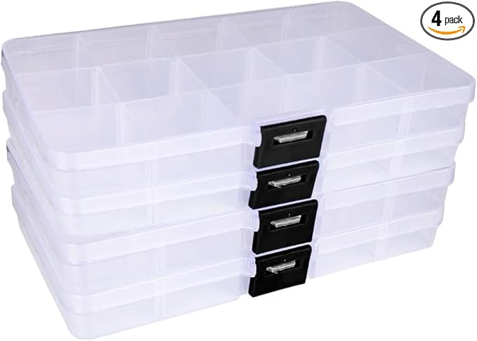 4 Pcs 15 Grids Clear Organizer Box Plastic Storage Container with Fixed Dividers Black Buckle for Electronics Jewelry Beads Art DIY Crafts Small Parts Non-Adjustable Dividers