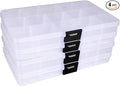 4 Pcs 15 Grids Clear Organizer Box Plastic Storage Container with Fixed Dividers Black Buckle for Electronics Jewelry Beads Art DIY Crafts Small Parts Non-Adjustable Dividers