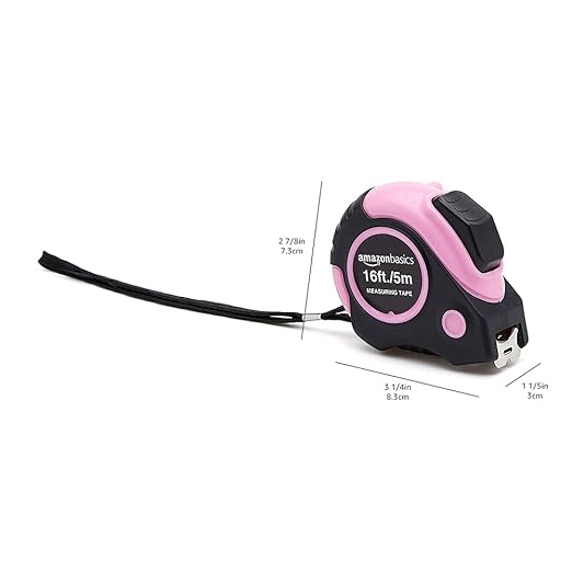 Amazon Basics Retractable Tape Measure with Push Button, Easy to Use, 16 Feet, Pink