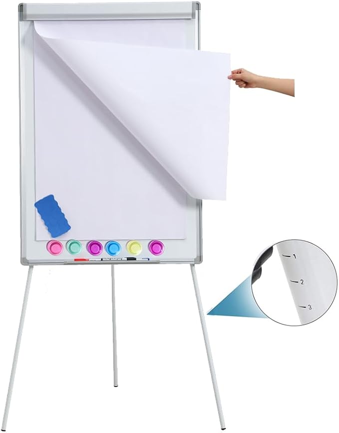 40" H x 28" W Magnetic Dry Erase Board Easel - Tripod White Board with Stand, Includes Flip Chart Paper Pad, Magnets & Eraser, White Board Easel for Office Presentation, School, White Frame