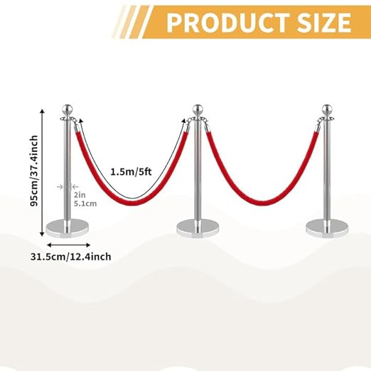 4Pcs Stainless Steel Stanchion Posts with 5ft Red Velvet Ropes - Crowd Control Barriers & Queue Line Kit with 26ft Red Carpet for Wedding, Party, Theater Supplies