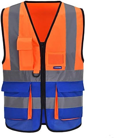 A-SAFETY Reflective Safety Vest, Hi Vis 9 Pockets High Visibility Zipper Front Safety Vest, Orange&Blue Color Mixed, L