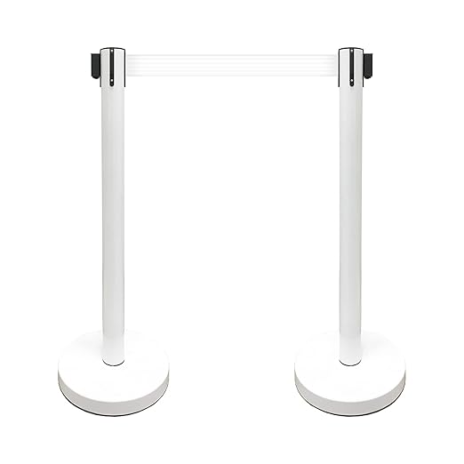 VIP Crowd Control Retractable Belt Stanchion Queue Safety Barrier Set, 36" Ht, 78" Belt (2 WHT Posts White Belt)