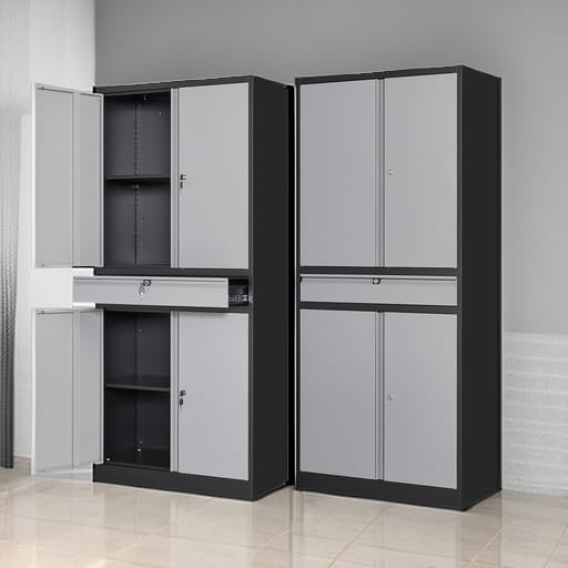 Letaya Metal Garage Storage Cabinet with Drawer,4 Door Tool Cabinet with Lock-2 Adjustable Shelves for Garage Home Office Utility Room (Black & Gray)