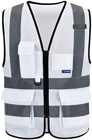 A-SAFETY Hi Reflective Safety Vest,Hi Vis Bright Neon Colors Safety Vest with 4 Reflective Strips 7 Pockets(White XL)