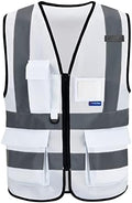A-SAFETY Hi Reflective Safety Vest,Hi Vis Bright Neon Colors Safety Vest with 4 Reflective Strips 7 Pockets(White M)