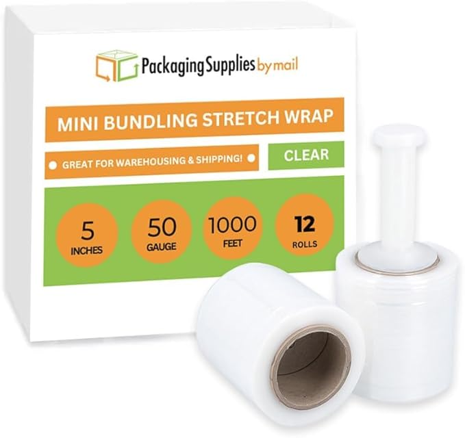 Mini Stretch Wrap for Packing with Handles, 12 Pack, 5 Inch x 1000 Feet, 50 Gauge Durable Clear Plastic wrap for Moving, Packing wrap Plastic roll Also a Furniture Wrap