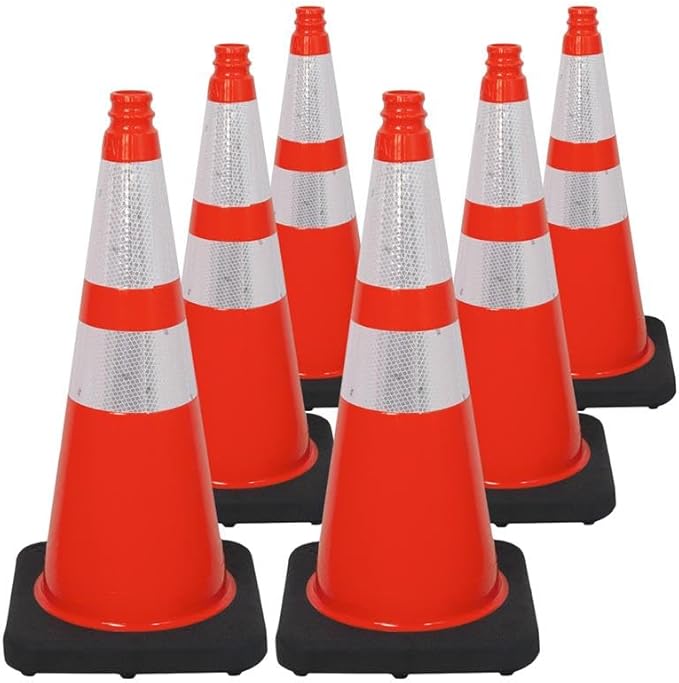 Brimar 28 Inch Traffic Cones, 6 Pack, Orange PVC Safety Cones with Black Base for Construction, Road Parking, MUTCD Approved Traffic Cones with 3M Reflective Bands, Structurally Stable Wearproof