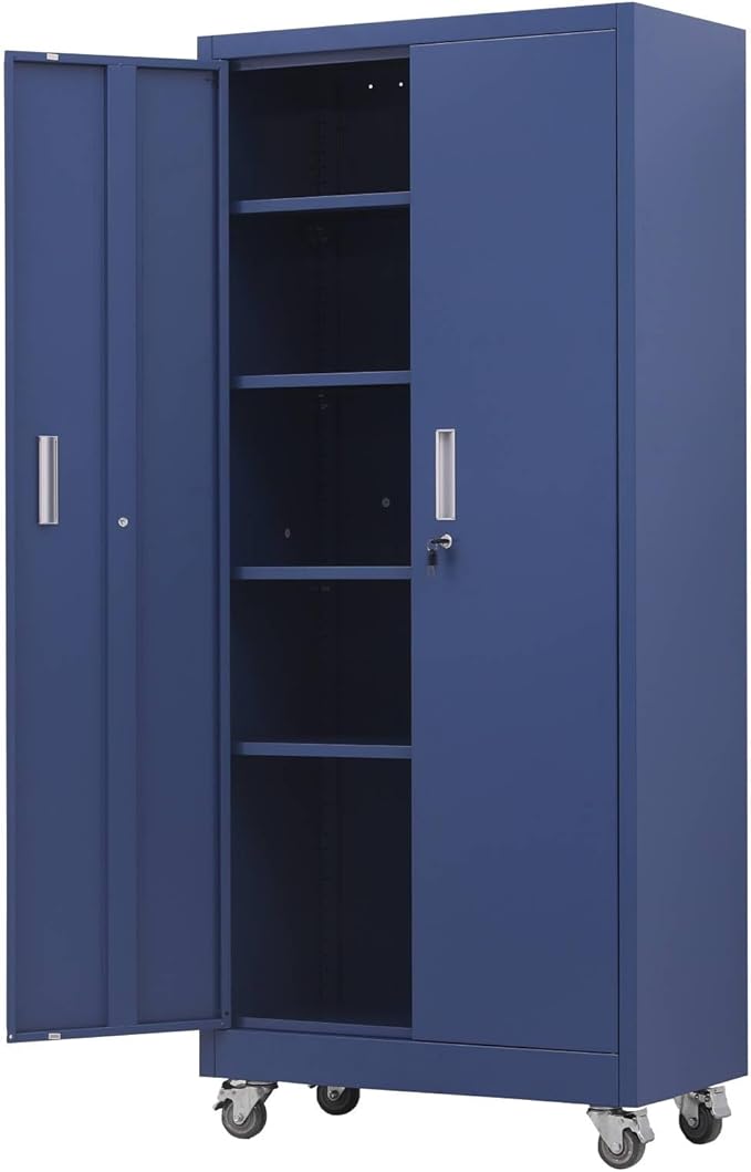 VINGLI Rolling Metal Storage Cabinet with Adjustable Shelves, 71'' Tall Garage Storage Cabinet with Wheels, Locking Tool Cabinets for Home Office Garage Gym School (Blue)