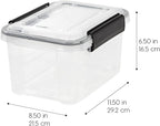IRIS USA WeatherPro 6 Qt Storage Bins with Lids, 6 Pack, BPA-Free Plastic Gasket Box with Tight Latch and Seal, Stackable Nestable Tote Tub - Clear/Black