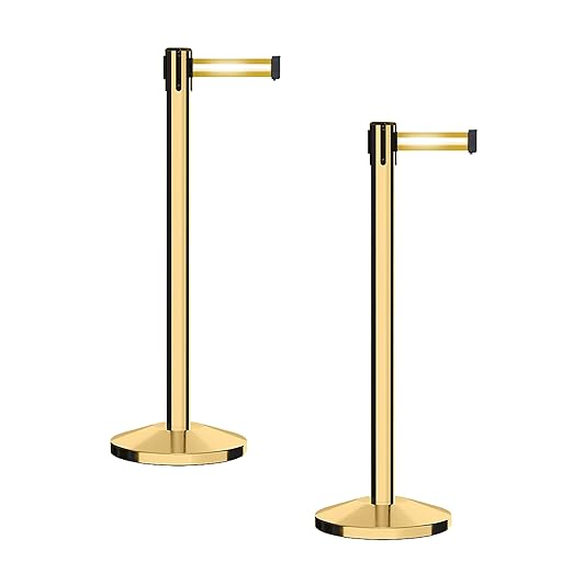 CCW Series RBB-100 - Set of 2 Stanchion Retractable Belt Barriers (11 Foot Belt, Yellow with Horizontal Reflective Stripe Belt with Polished Brass Post)