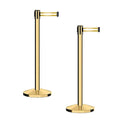 CCW Series RBB-100 - Set of 2 Stanchion Retractable Belt Barriers (9 Foot Belt, Yellow with Horizontal Reflective Stripe Belt with Polished Brass Post)