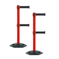 Montour Line MSR630D Set of 2 Retractable Belt Barrier Stanchion, Heavy-Duty Rubber Base, Red Post (13 ft Black Dual Belt)