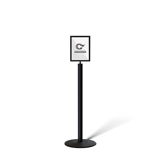 Floor Standing Sign Frame with Steel Low Profile Base, 8.5 inches by 11 inches Vertical Sign Frame, Black Post