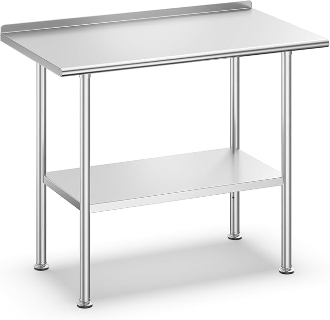 Stainless Steel Prep Table for Work, 24 * 36 Inch, High Load Bearing with Rounded-Corner Backsplash and Undershelf for Outdoor, Restaurants, Workshops, Kitchens, Garages and Gardens
