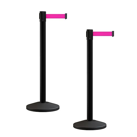 Crowd Control Warehouse CCW Series RBB-100 - Set of 2 Stanchion Retractable Belt Barriers - 9 Foot, Fluorescent Pink Belt with Black Post - Easy Assembly