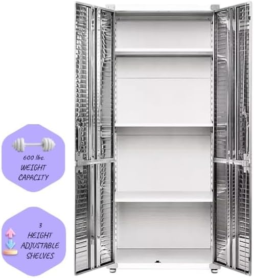 Heavy Duty Storage Solid Stainless Steel Cabinet with Lockable, Adjustable Shelf, Metal Garage Organizer (White, 30" W x 18" D x 72" H)
