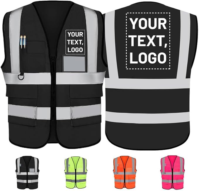 Personalized Safety Vest with Name & Logo - High Visibility Vest for Men & Women - 2” Wide Reflective Strips & 5 Pockets