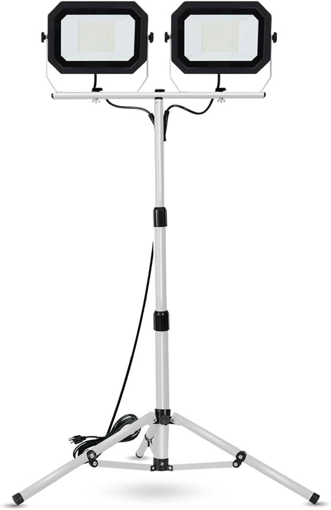 UFOND 20000 Lumen Work Lights with Stand, 200W Dual Head LED Work Light, Waterproof Lamp with Individual Switch, Adjustable Metal Telescoping Tripod 10Ft Power Cord