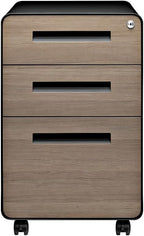 Laura Davidson Furniture Stockpile 3 Drawer File Cabinet with Lock - Under Office Desk Metal Filing Cabinet, Legal/Letter File Folders, Wheels and Stationary Feet, Pre-Assembled, Black/Wood