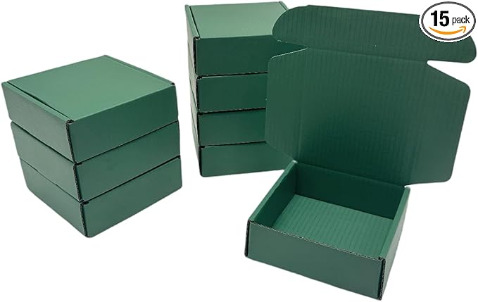 15 Pcs 6 x 6 x 2 inches Corrugated Cardboard Gift Boxes Recyclable Shipping Boxes for Mailing & Holidays, Wedding, Birthday, Gifts Packaging (Hunter Green, 6 x 6 x 2")