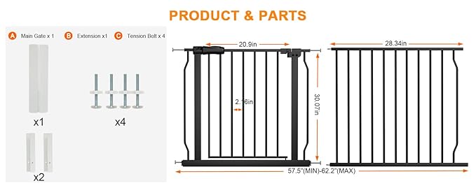 Extra Wide Baby Gate Extra Wide Extra Tall Dog Gates for Stairs Doorways Black Metal Tension Indoor Safety Gates with Pressure Mount 57.5-62 Inch