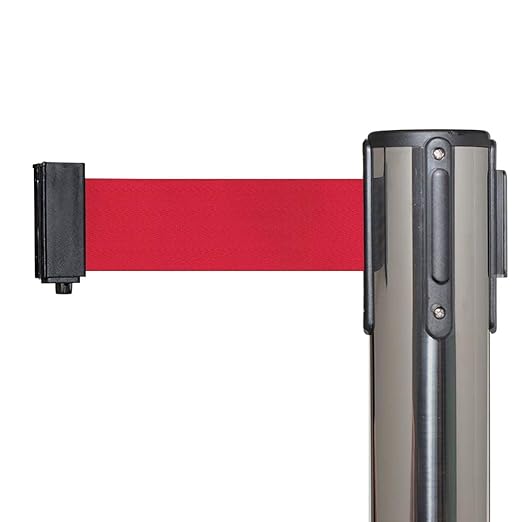 Crowd Control Warehouse CCW Series RBB-100 - Set of 2 Stanchions with Retractable Belts - 11 Foot Red Belt, Polished Stainless Steel Post - Crowd Control Barriers