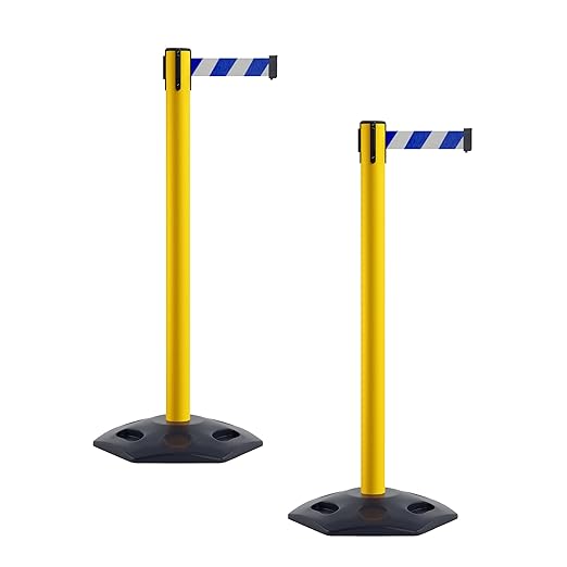 Crowd Control Warehouse CCW Series WBB-200 - Set of 2 Stanchion Retractable Belt Barriers - 11 Foot, Blue and White Diagonal Belt with Yellow Post - Easy Assembly