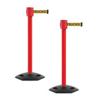 Montour Line MSR760 Set of 2 Retractable Belt Barrier Stanchion, Rubber Base, Red Post (35 ft Yellow with"Danger - Forklift Trucks" Black Letters Belt)