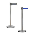 CCW Series RBB-100 - Set of 2 Stanchion Retractable Belt Barriers (9 Foot Belt, Black with Horizontal Blue Stripe Belt with Satin Stainless Steel Post)