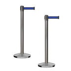 CCW Series RBB-100 - Set of 2 Stanchion Retractable Belt Barriers (9 Foot Belt, Black with Horizontal Blue Stripe Belt with Satin Stainless Steel Post)