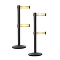 Crowd Control Warehouse CCW Set of 2 Dual Retractable Belt Barrier Stanchion, Cast Iron Base Black Post, IRBB-100D (7.5 Belt, Yellow with Horizontal Reflective Stripe Belt)