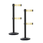 Crowd Control Warehouse CCW Set of 2 Dual Retractable Belt Barrier Stanchion, Cast Iron Base Black Post, IRBB-100D (9 Belt, Yellow with Horizontal Reflective Stripe Belt)