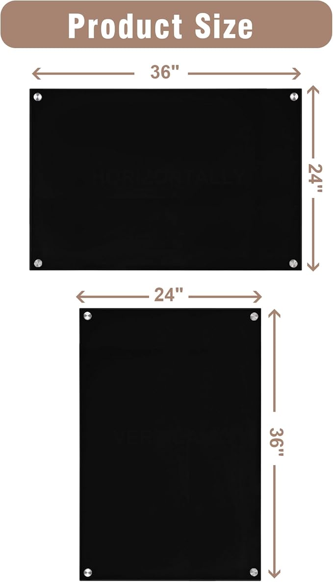 Mifuro Magnetic Glass Whiteboard，36"x24" Wall Mounted Frameless Dry Erase Board for Office, Home & School Black