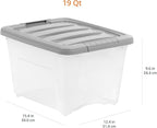 Amazon Basics Plastic Storage Containers with Secure Latching Lids, Stackable Organization Bins, Clear/Grey, 19 Quart, Set of 6
