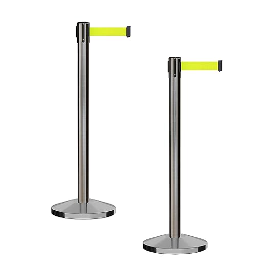 CCW Series RBB-100 - Set of 2 Stanchion Retractable Belt Barriers (11 Foot Belt, Fluorescent Yellow Belt with Satin Stainless Steel Post)