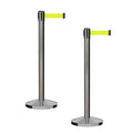 CCW Series RBB-100 - Set of 2 Stanchion Retractable Belt Barriers (7.5 Foot Belt, Fluorescent Yellow Belt with Satin Stainless Steel Post)