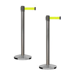 CCW Series RBB-100 - Set of 2 Stanchion Retractable Belt Barriers (7.5 Foot Belt, Fluorescent Yellow Belt with Satin Stainless Steel Post)