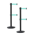 Crowd Control Warehouse CCW Set of 2 Dual Retractable Belt Barrier Stanchion, Cast Iron Base Black Post, IRBB-100D (11 Belt, Light Green Belt)