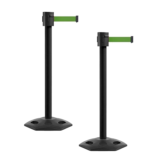 Montour Line MSR760 Set of 2 Retractable Belt Barrier Stanchion, Rubber Base, Black Powder Coated Post (35 ft Green Belt)