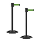 Montour Line MSR760 Set of 2 Retractable Belt Barrier Stanchion, Rubber Base, Black Powder Coated Post (35 ft Green Belt)