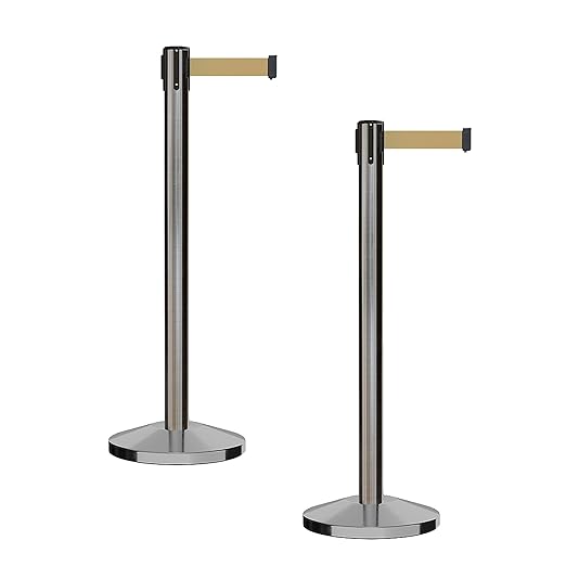CCW Series RBB-100 - Set of 2 Stanchion Retractable Belt Barriers (9 Foot Belt, Light Brown Belt with Satin Stainless Steel Post)
