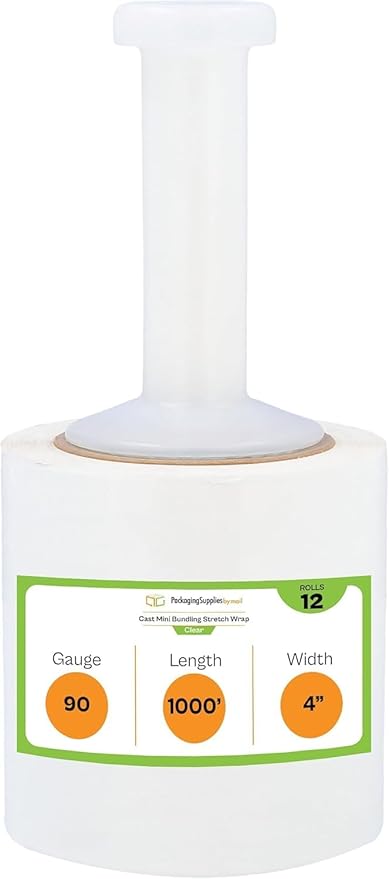 PSBM 12 Rolls 4 Inch x 1000 Feet 90 Gauge Mini Stretch Film/Wrap with Plastic Handle, Heavy Duty Industrial Strength Clear Shrink Plastic Wrap for Moving, Packing, Shipping, Bundling & Storage
